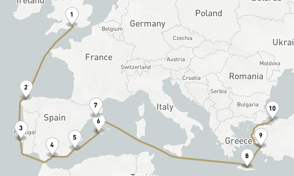 17 days, one-way from Southampton to Istanbul 18日間
