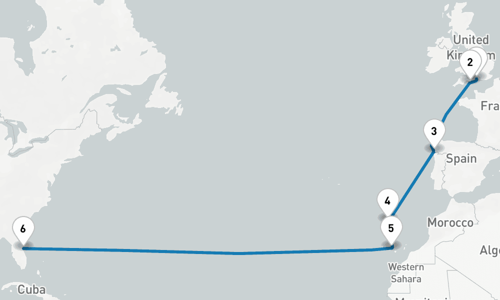 15 days, one-way from Southampton to Port Canaveral 16日間