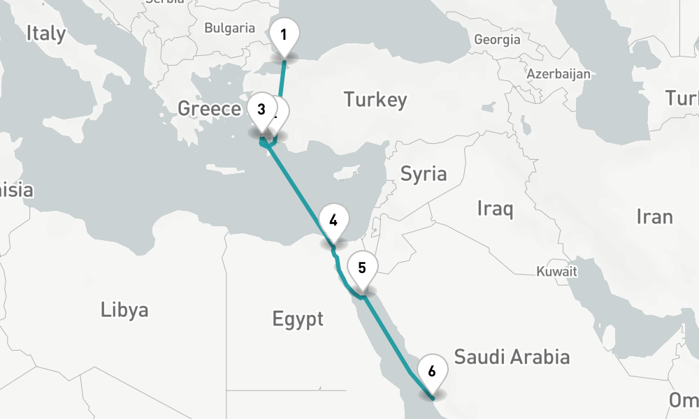 8 days, one-way from Istanbul to Jeddah 9日間