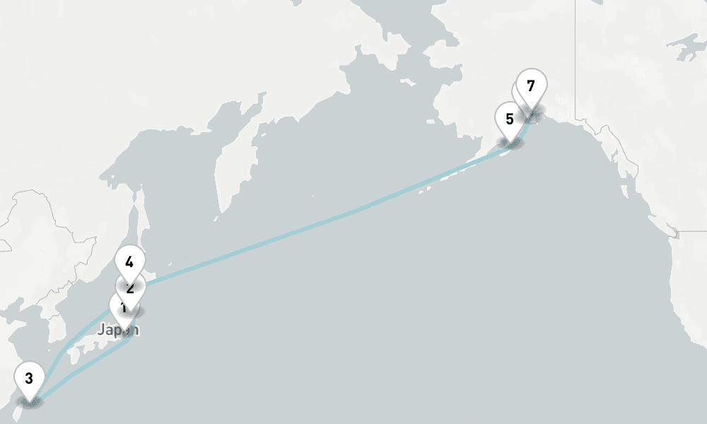 14 days, one-way from Tokyo to Whittier 15日間