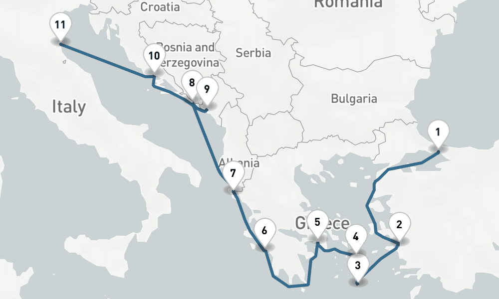 10 days, one-way from Istanbul to Ravenna 11日間