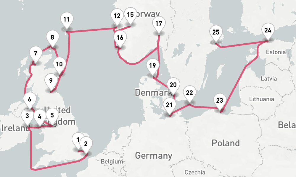 28 days, one-way from London-Tilbury to Stockholm 29日間