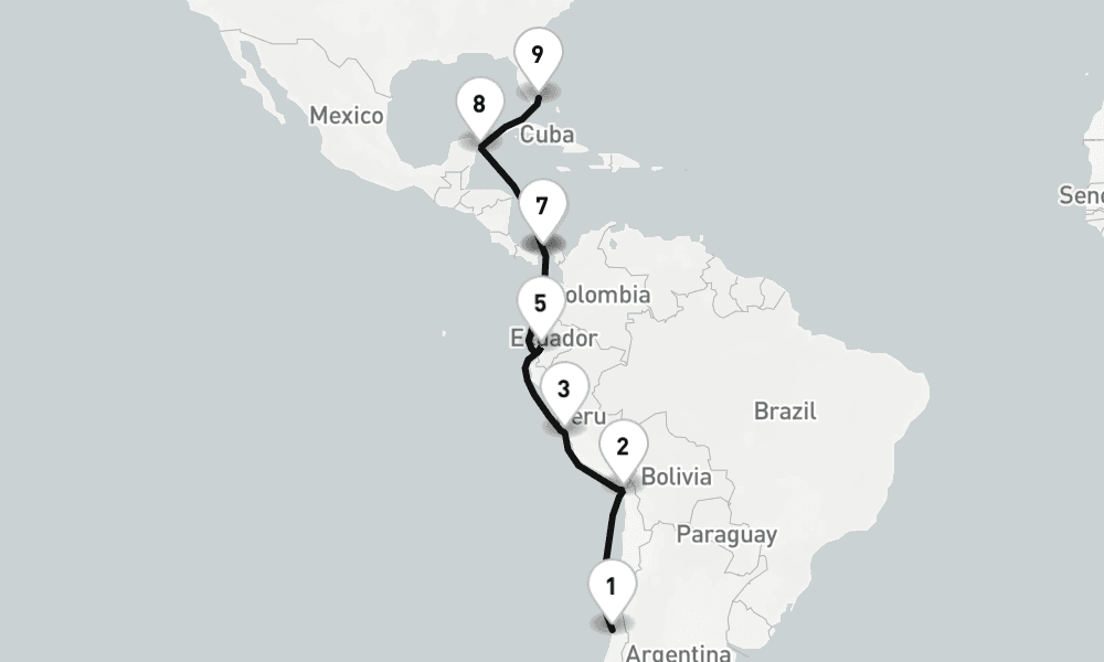 18 nights / 19 days, one-way from Valparaiso (Santiago, Chile) to Miami (Florida)