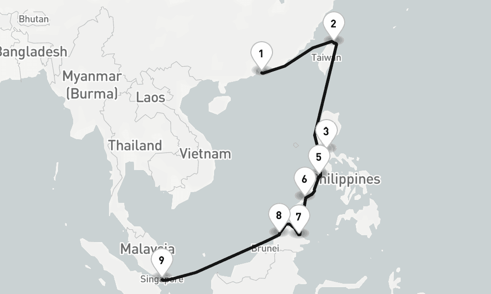 14 days, one-way from Hong Kong to Singapore 15日間