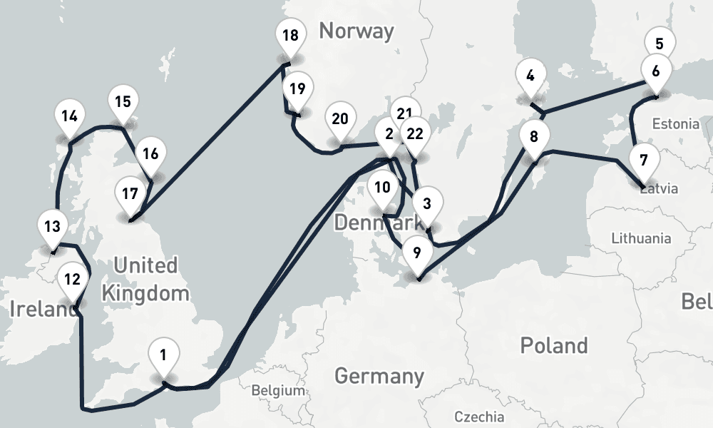 28 days, one-way from Southampton to Copenhagen 29日間