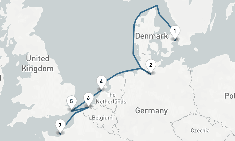 7 days, one-way from Copenhagen to Le Havre-Paris 8日間