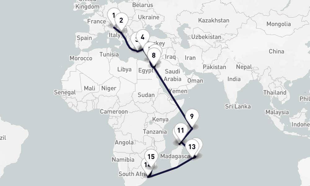 29 days, one-way from Venice to Durban 30日間