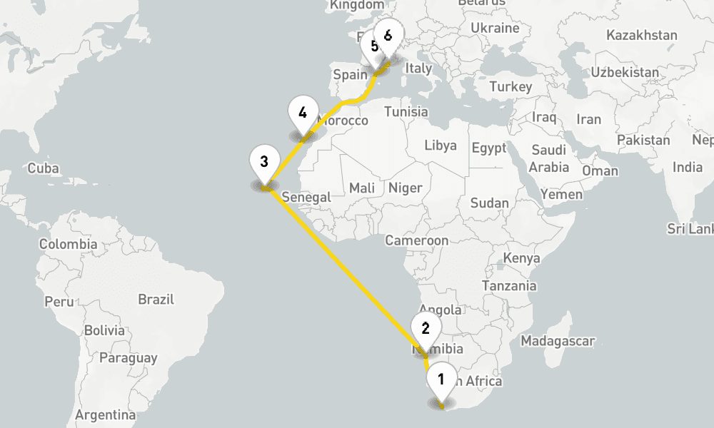 18 days, one-way from Cape Town to Marseille 19日間