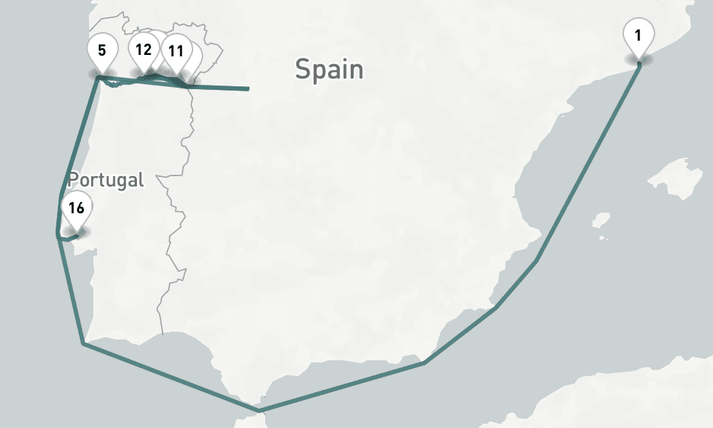 13 days, one-way from Barcelona to Lisbon 14日間