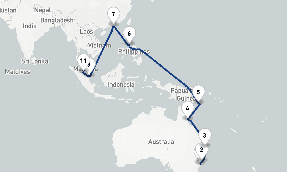 25 days, one-way from Sydney to Klang 26日間