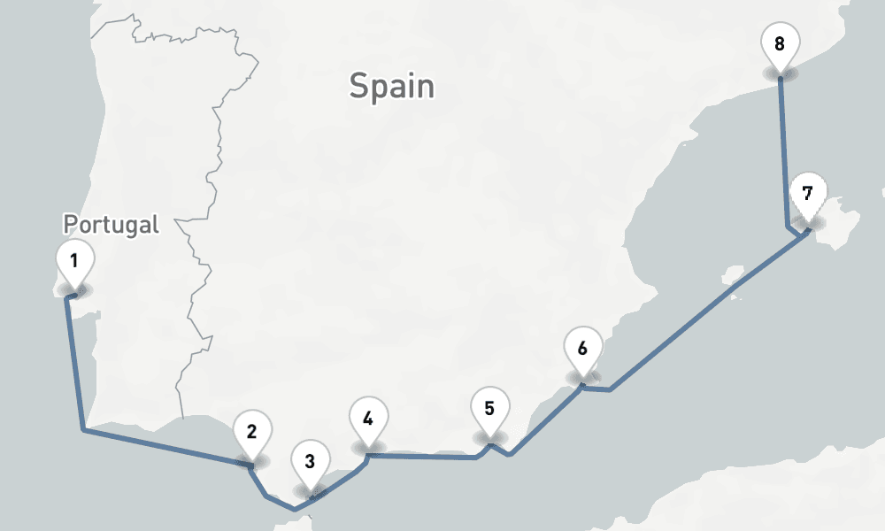 8 nights / 9 days, one-way from Lisbon to Barcelona