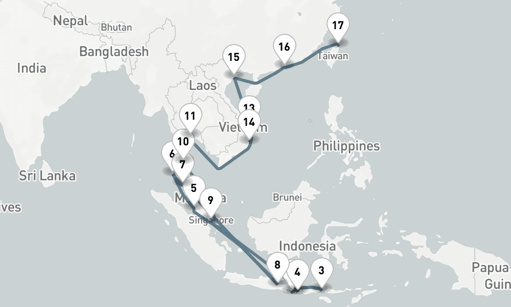 25 days, one-way from Benoa to Keelung 26日間