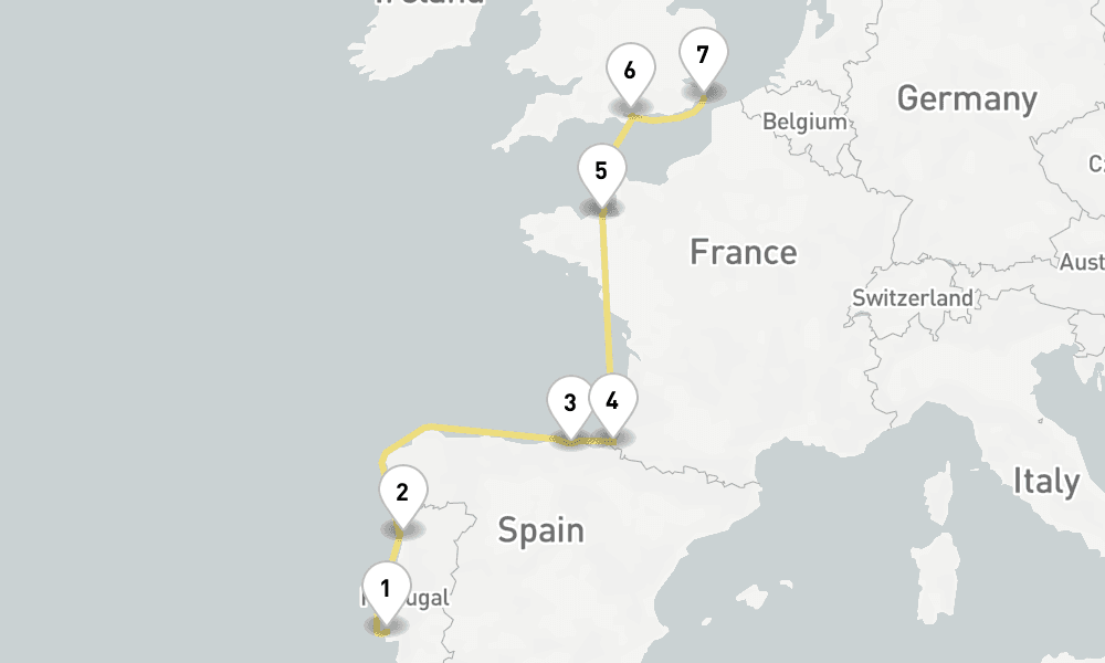 8 days, one-way from Lisbon to Dover 9日間