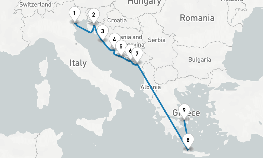 9 days, one-way from Venice to Piraeus-Athens 10日間