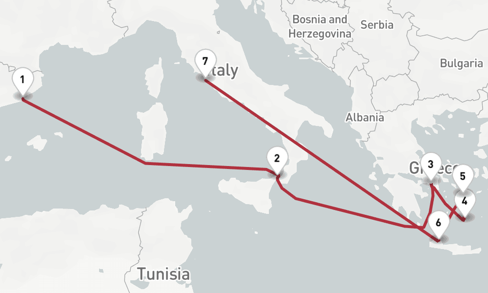 9 days, one-way from Barcelona to Civitavecchia-Rome 10日間