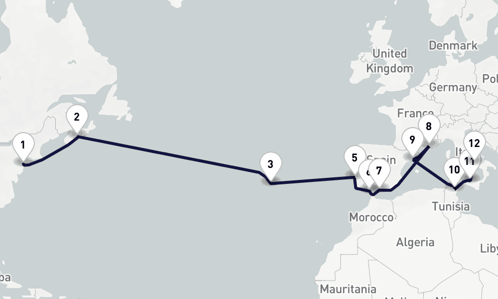 20 days, one-way from New York to Naples 21日間