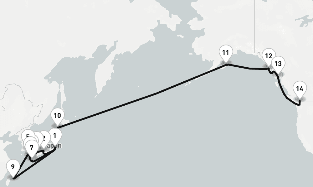 26 days, one-way from Tokyo to Vancouver 27日間