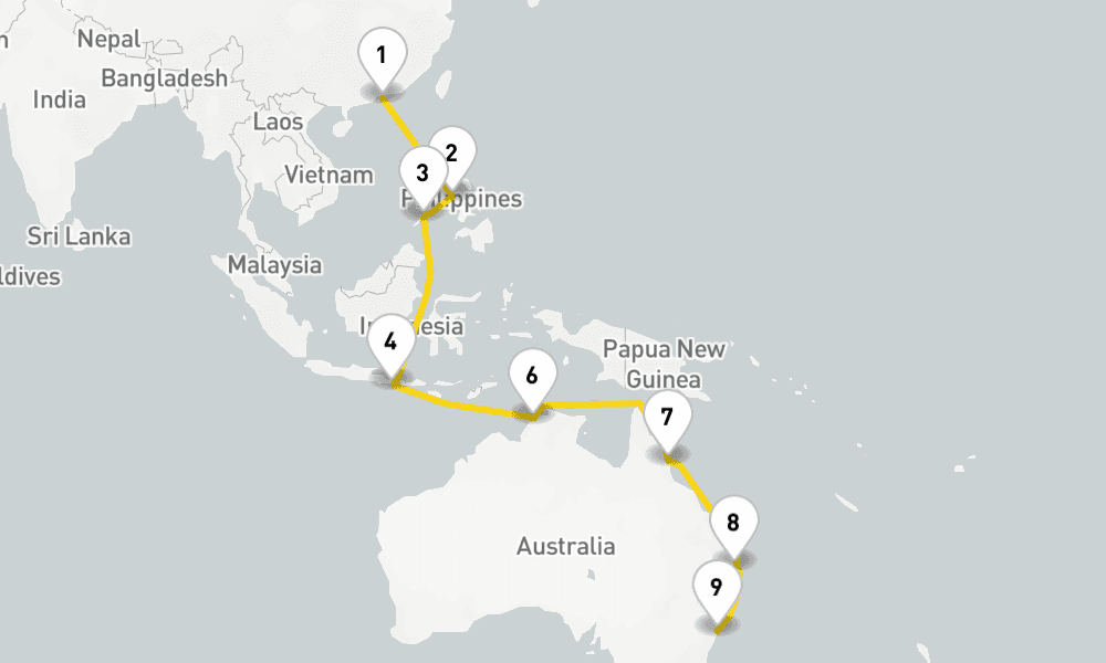 20 days, one-way from Hong Kong to Sydney 21日間