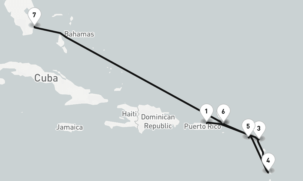 8 days, one-way from San Juan to Miami 9日間