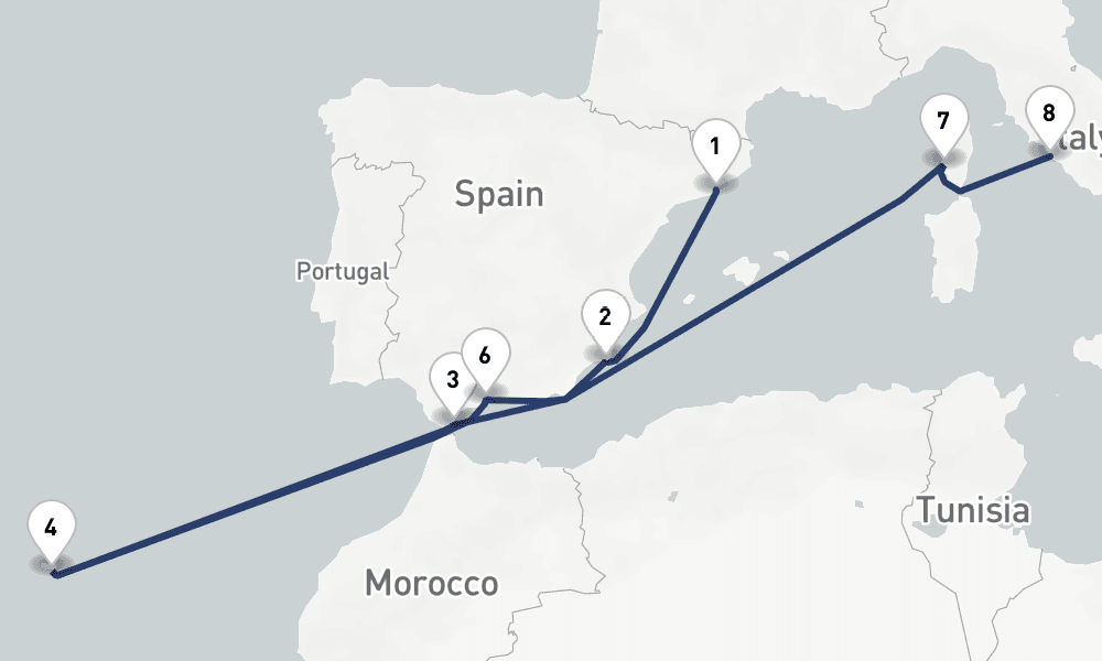 10 days, one-way from Barcelona to Civitavecchia-Rome 11日間