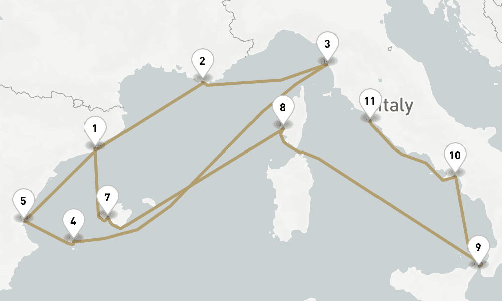 14 days, one-way from Barcelona to Civitavecchia-Rome 15日間