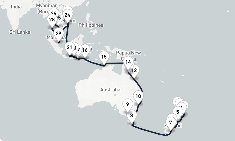 43 days, one-way from Auckland to Singapore 44日間