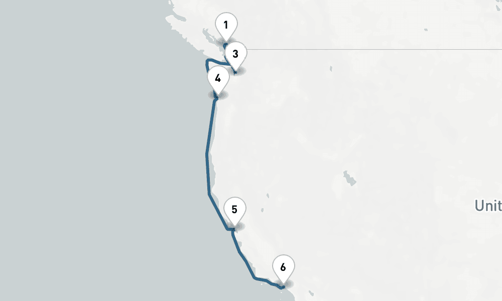 6 days, one-way from Vancouver to Los Angeles 7日間