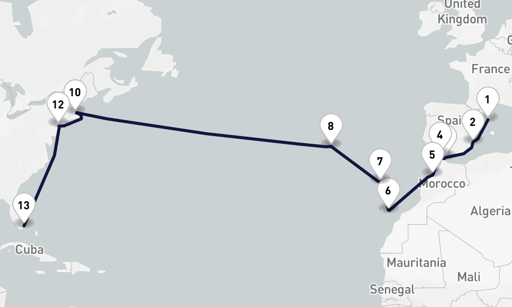 22 days, one-way from Barcelona to Miami 23日間