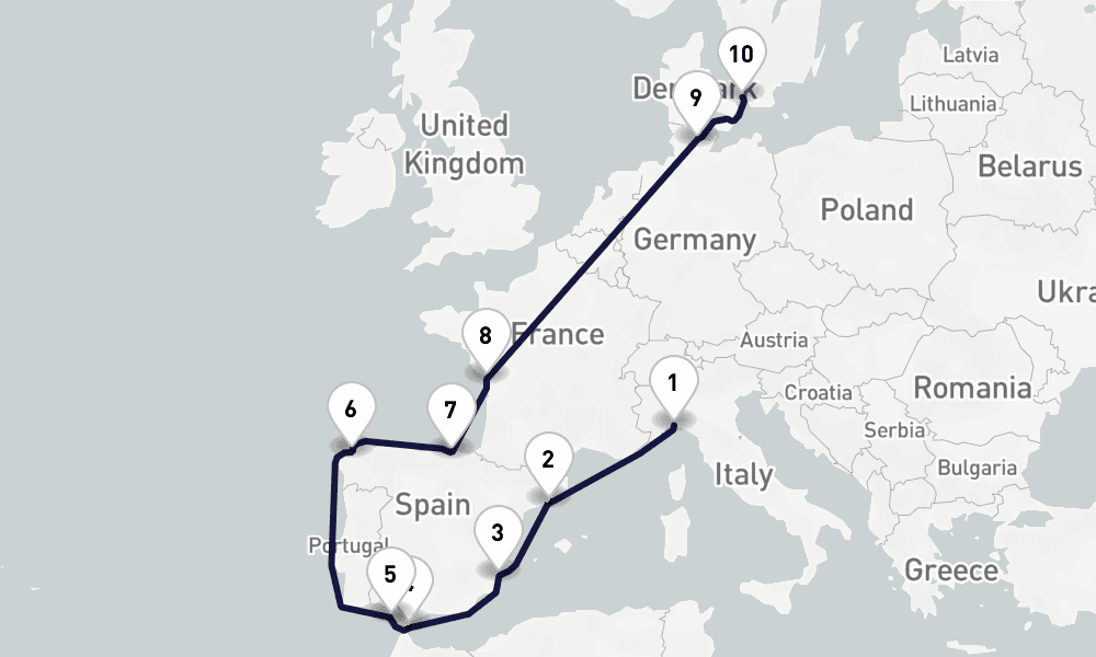 13 days, one-way from Genoa to Copenhagen 14日間