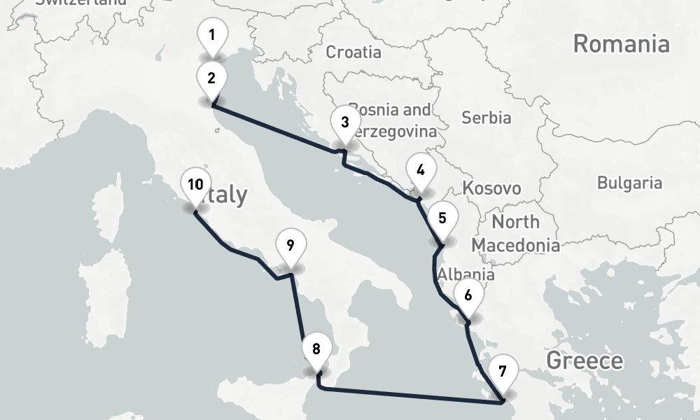 10 days, one-way from Venice to Civitavecchia-Rome 11日間