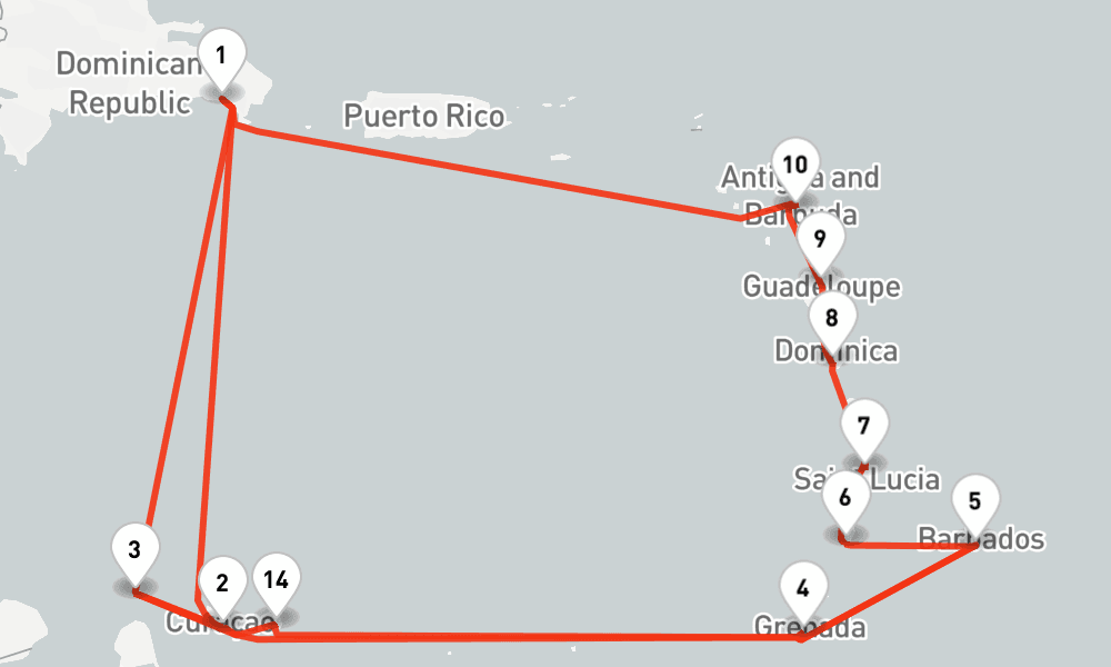 21 days, one-way from La Romana to Bridgetown 22日間