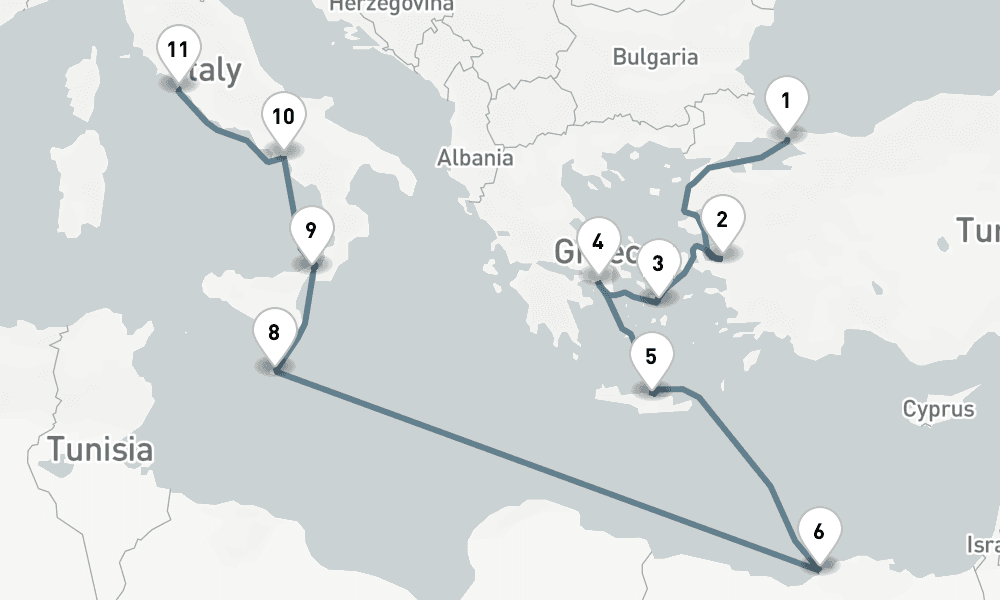 14 days, one-way from Istanbul to Civitavecchia-Rome 15日間