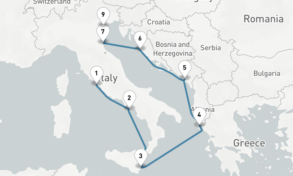 9 days, one-way from Civitavecchia-Rome to Venice 10日間