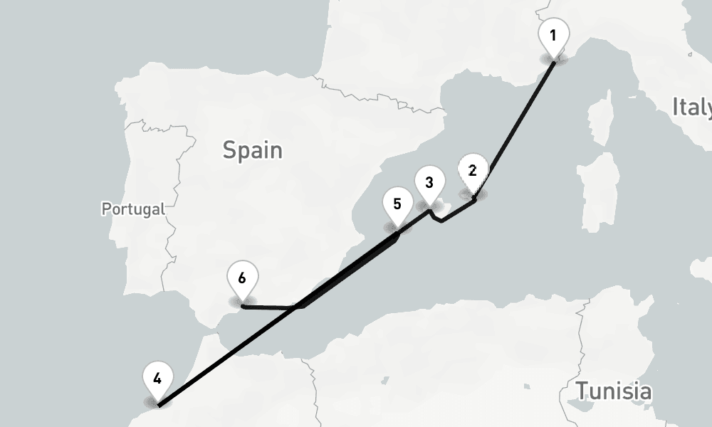 6 days, one-way from Villefranche-sur-Mer to Malaga 7日間