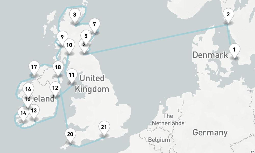 23 days, one-way from Copenhagen to Portsmouth UK 24日間