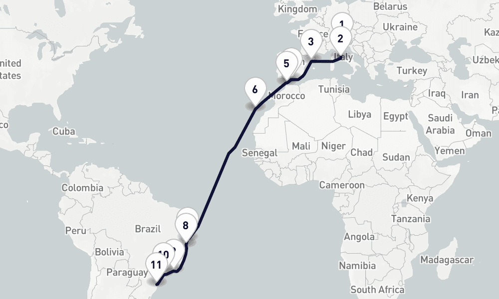 22 days, one-way from Venice to Itajai 23日間