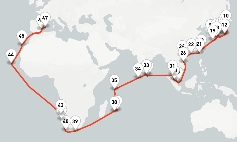 79 days, one-way from Tokyo to Palma de Mallorca 80日間