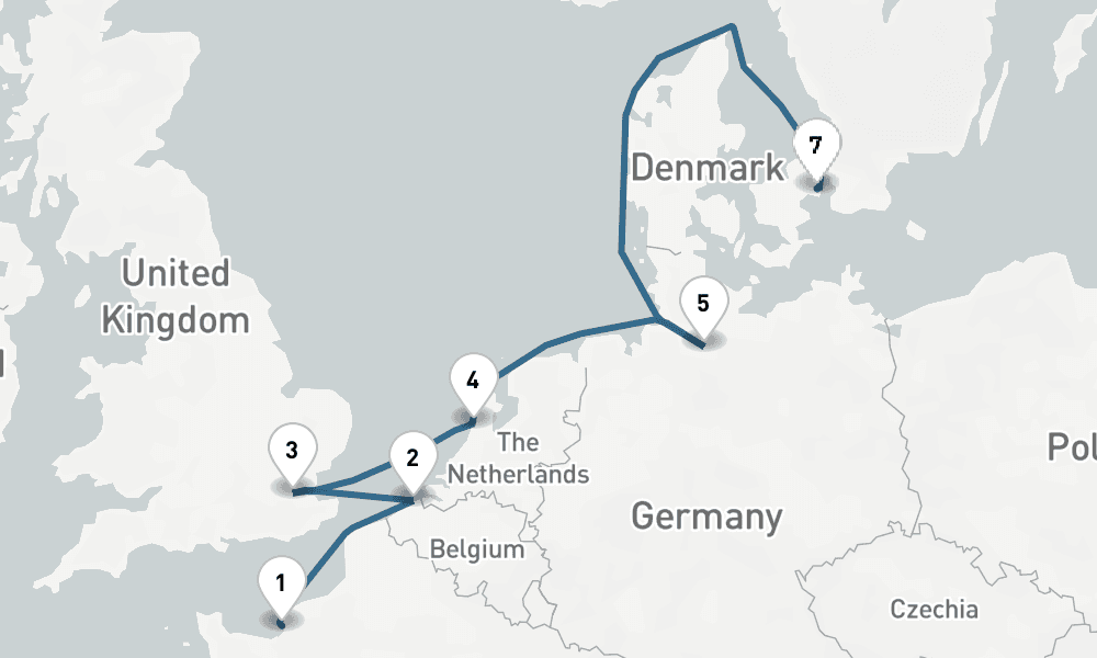 7 days, one-way from Le Havre-Paris to Copenhagen 8日間