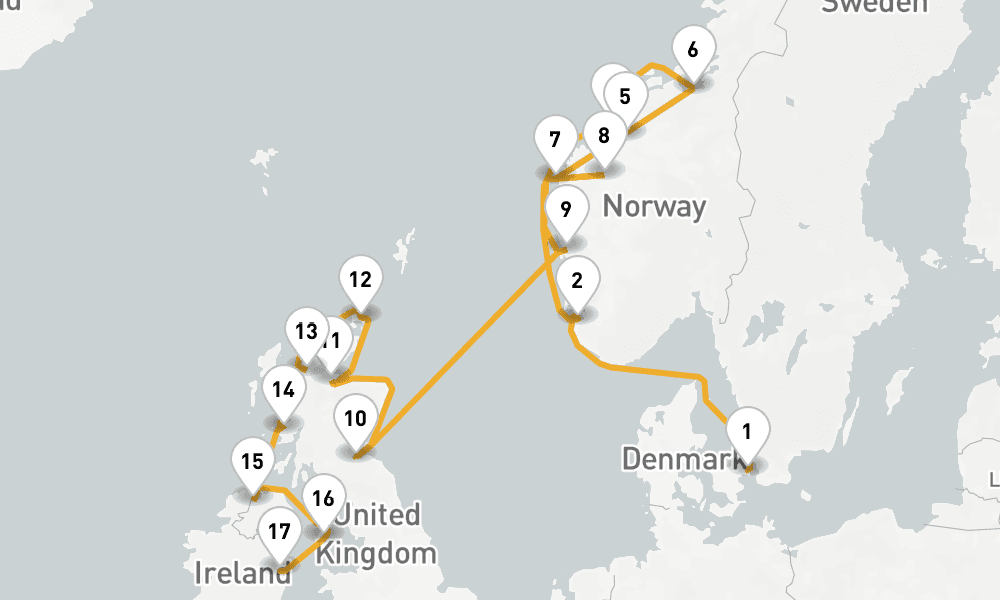 18 days, one-way from Copenhagen to Dublin 19日間