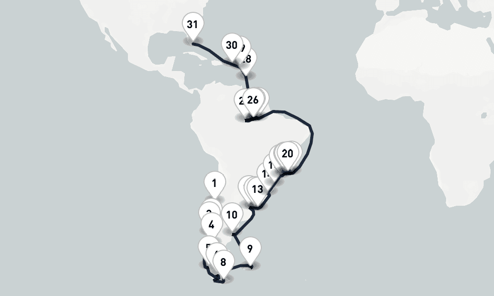 54 days, one-way from Valparaiso-Santiago to Miami 55日間