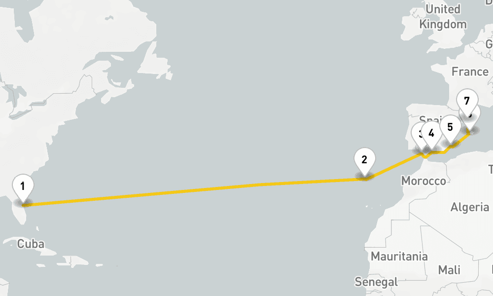 14 days, one-way from Port Canaveral to Barcelona 15日間