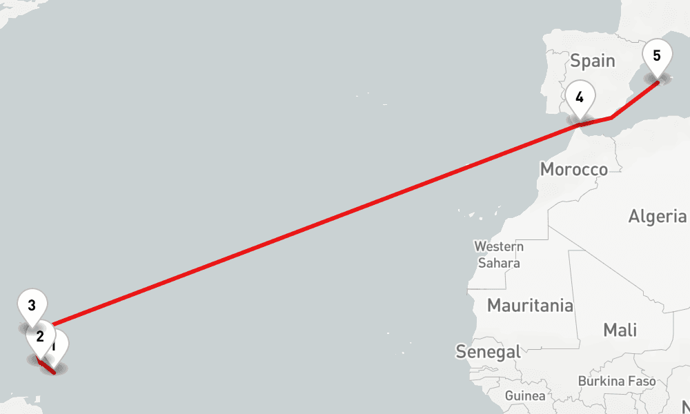 12 days, one-way from Bridgetown to Palma de Mallorca 13日間