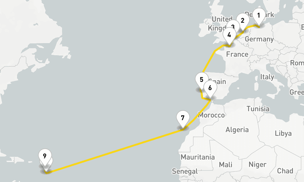 18 days, one-way from Hamburg to Pointe-a-Pitre 19日間