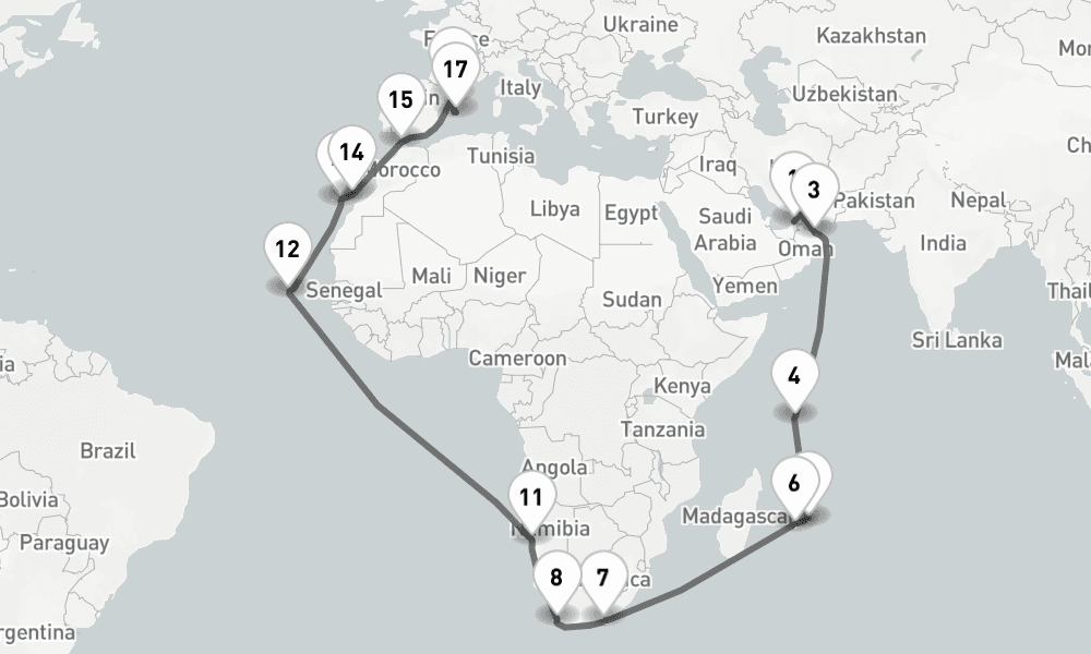 40 days, one-way from Dubai to Palma de Mallorca 41日間