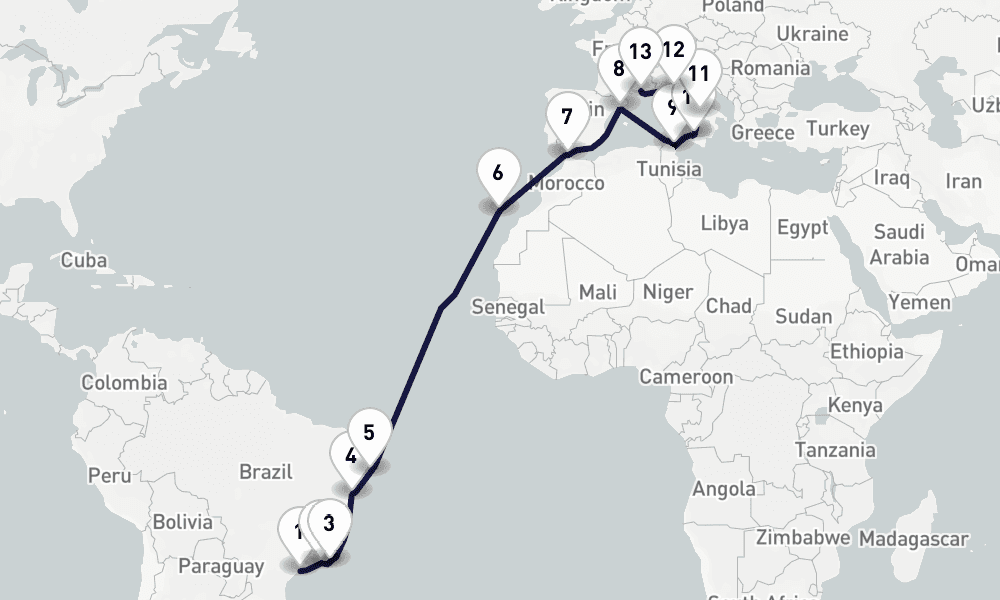23 days, one-way from Santos to Marseille 24日間