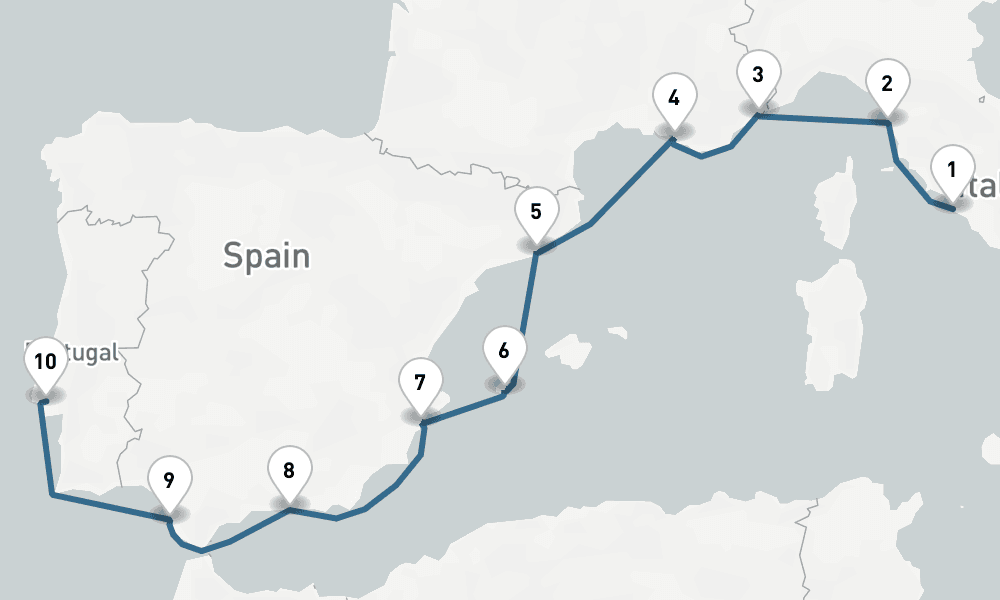 9 days, one-way from Civitavecchia-Rome to Lisbon 10日間