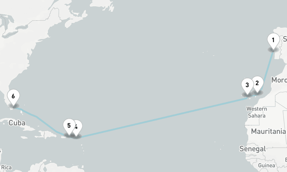 15 nights / 16 days, one-way from Lisbon to Miami (Florida)