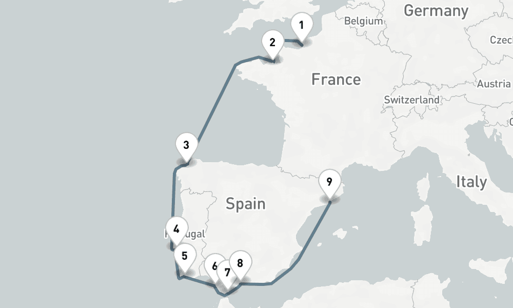 12 nights / 13 days, one-way from Le Havre (Paris, France) to Barcelona