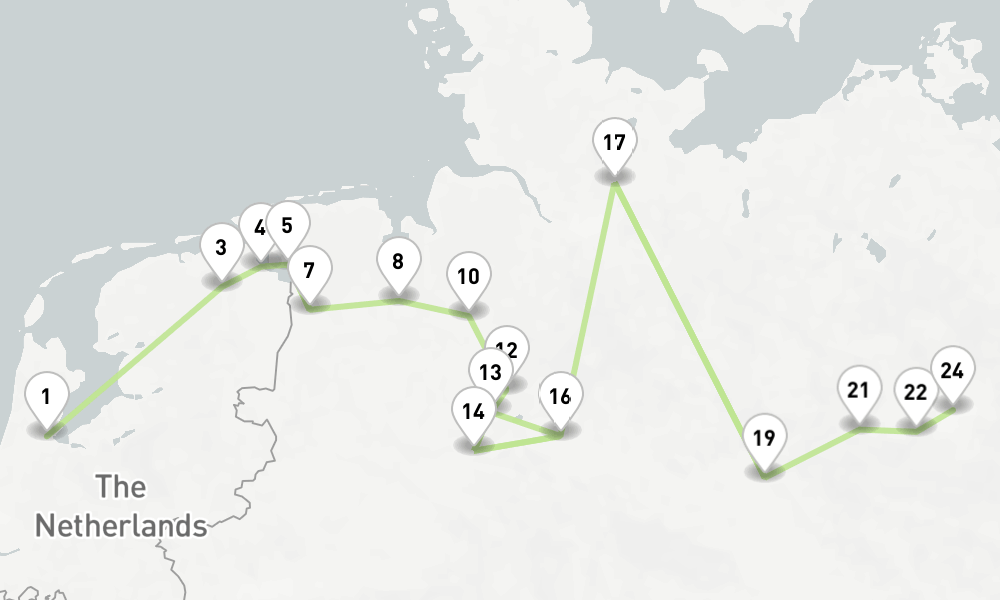 11 nights / 12 days, one-way from Amsterdam (Holland) to Berlin