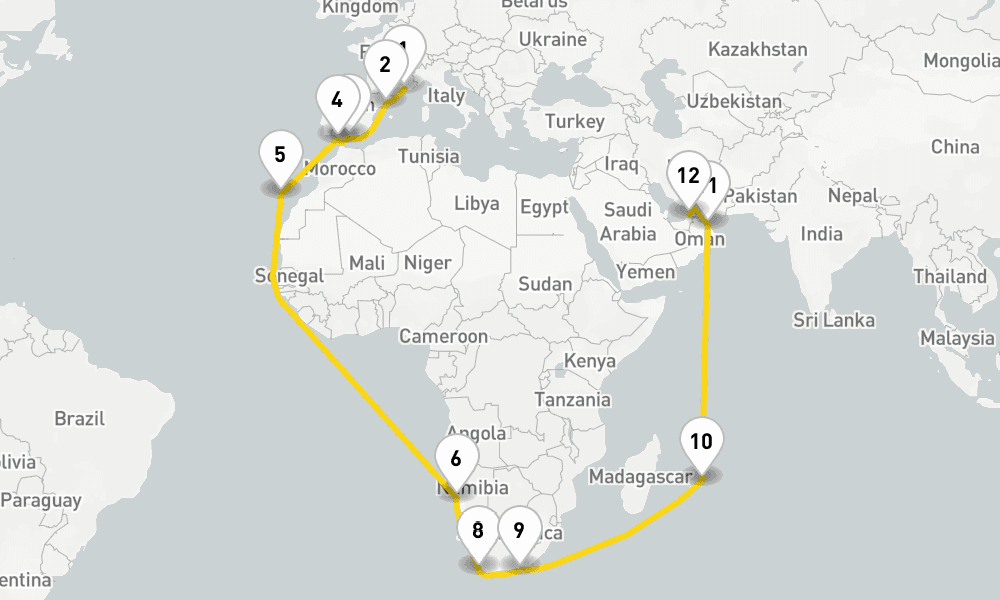 36 days, one-way from Marseille to Dubai 37日間